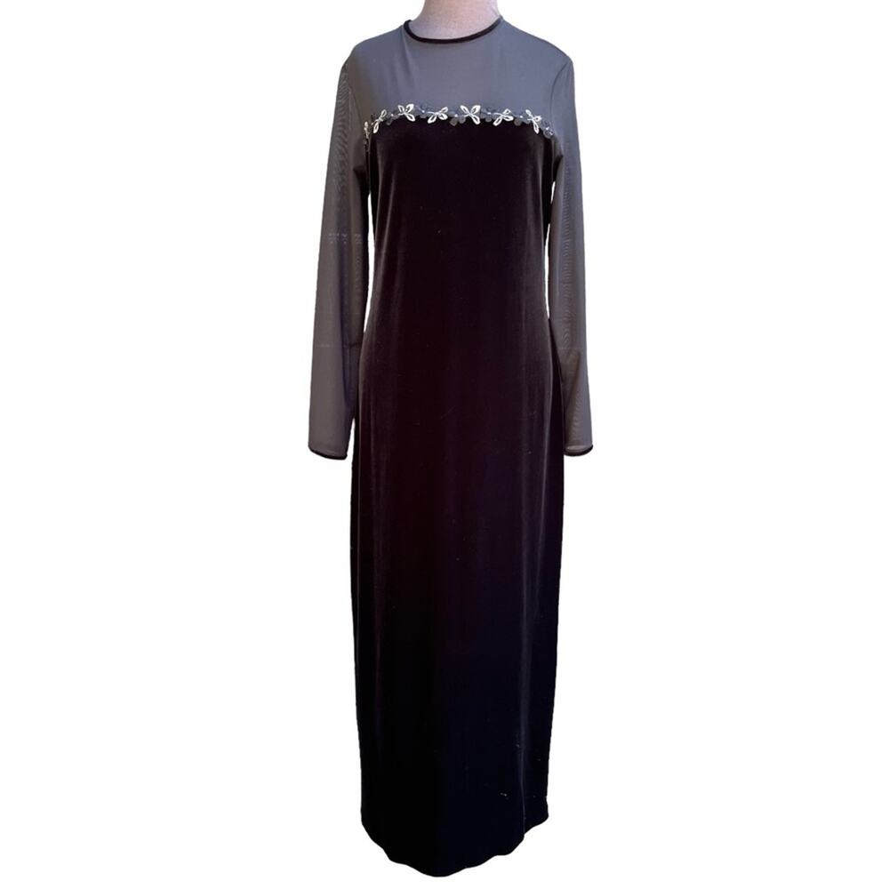 Vtg Velvet Sheer Mesh Top Flower Trim Maxi Dress Size M Whimsigoth Dark Romantic